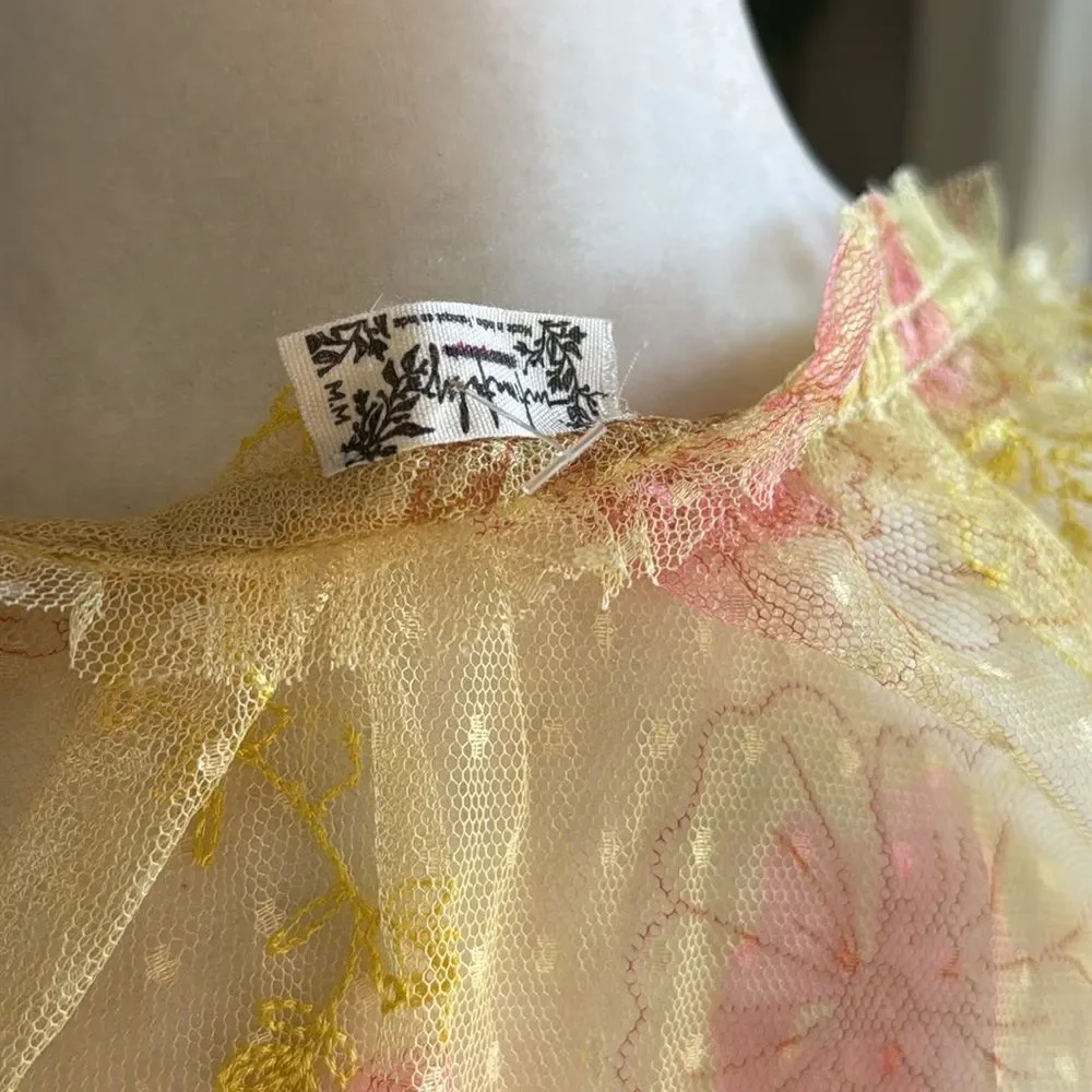 NWOT Free People Postcard from Paris Long Sleeve Lace Yellow Sheer M Embroidered